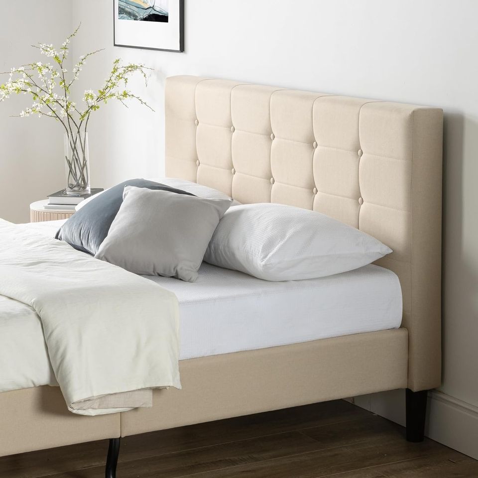 King - Zinus Upholstered Platform Bed with Wooden Slats