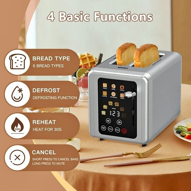 2 Slice Touchscreen Toaster - Stainless Steel Toaster with Wide Slot
