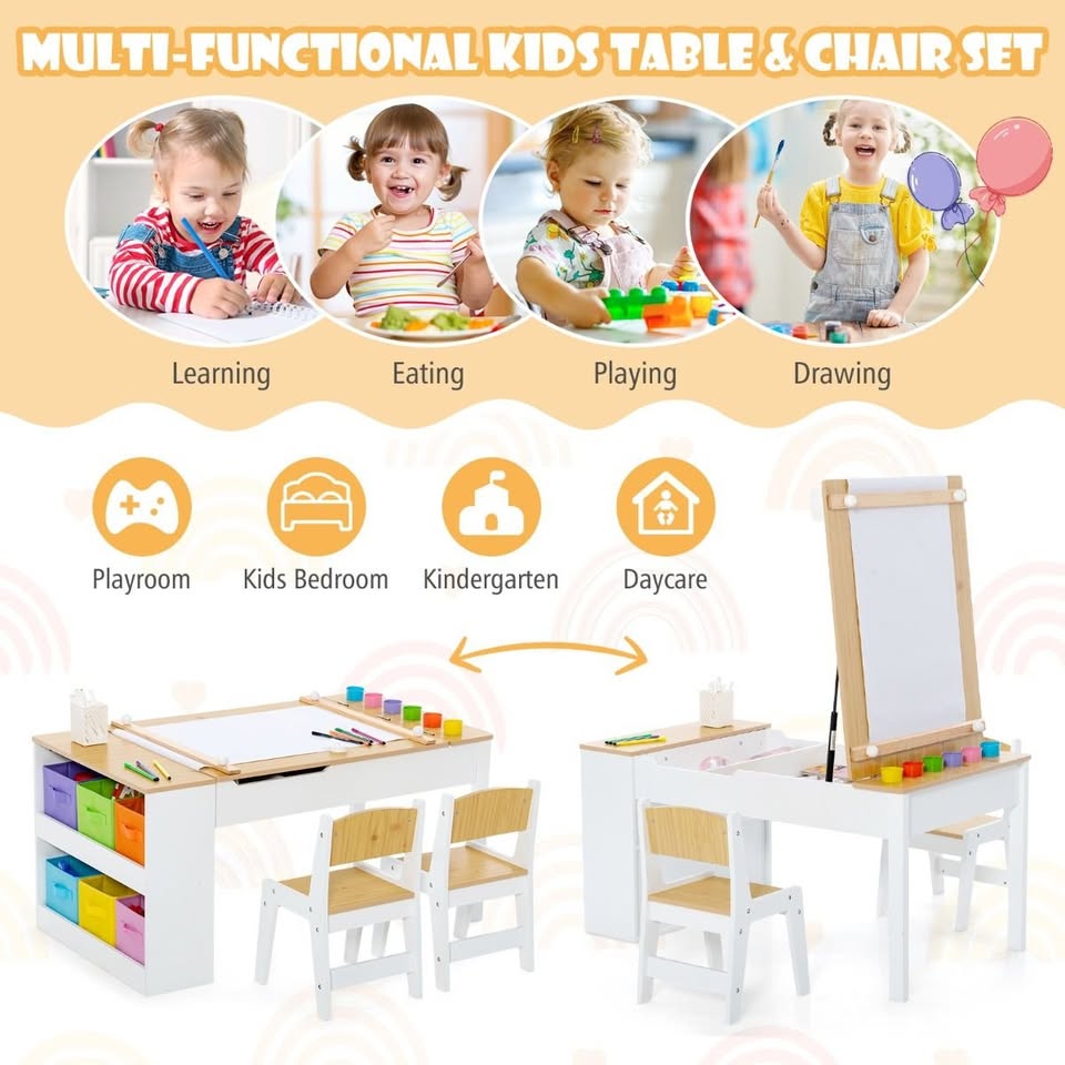Children Art Activity Table and Chair Set with 6 Canvas Storage Space