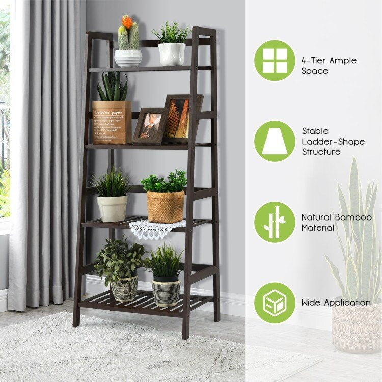 4-Tier Bamboo Ladder Shelf-Brown