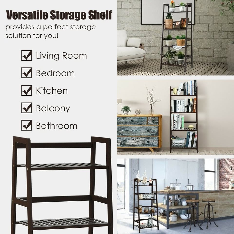 4-Tier Bamboo Ladder Shelf-Brown