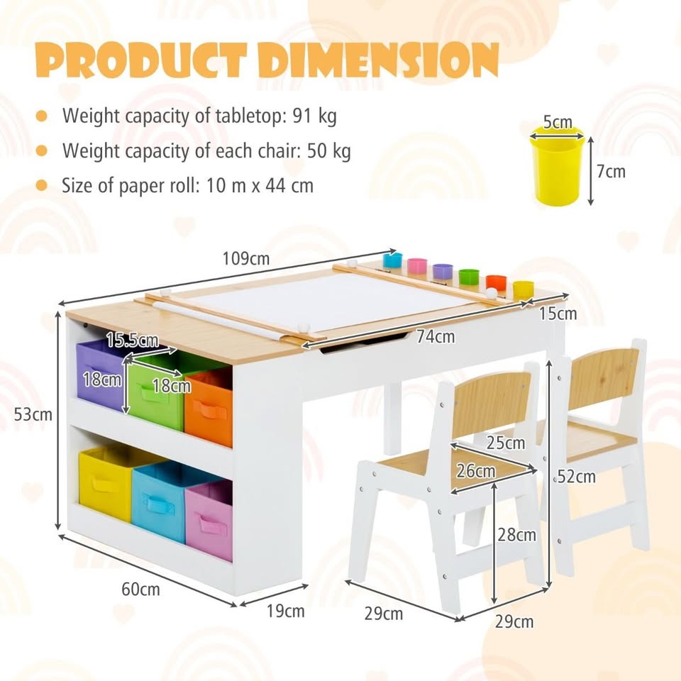 Children Art Activity Table and Chair Set with 6 Canvas Storage Space