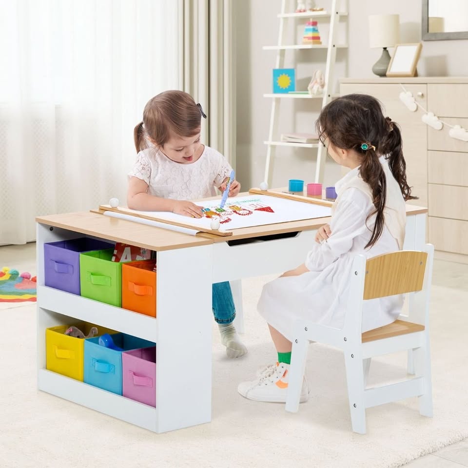 Children Art Activity Table and Chair Set with 6 Canvas Storage Space