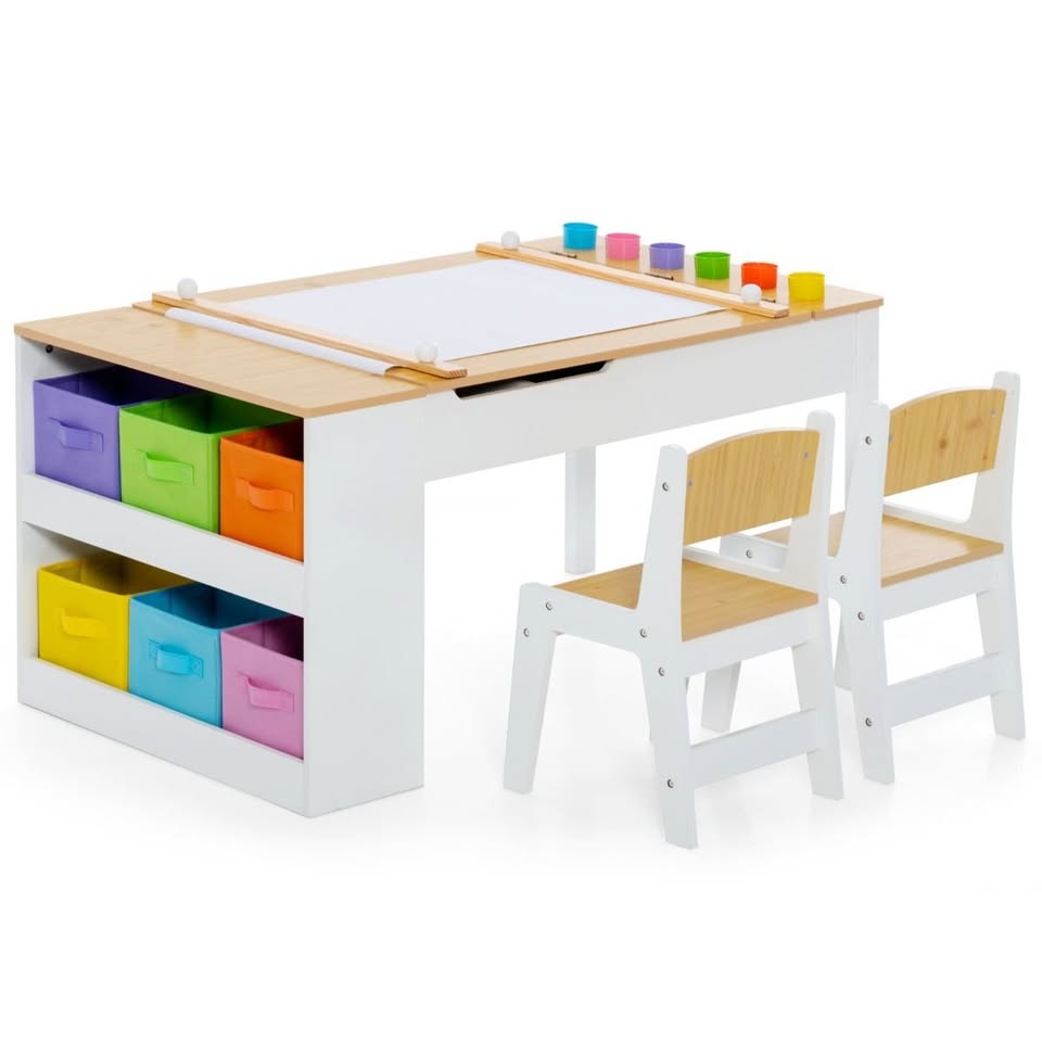 Children Art Activity Table and Chair Set with 6 Canvas Storage Space