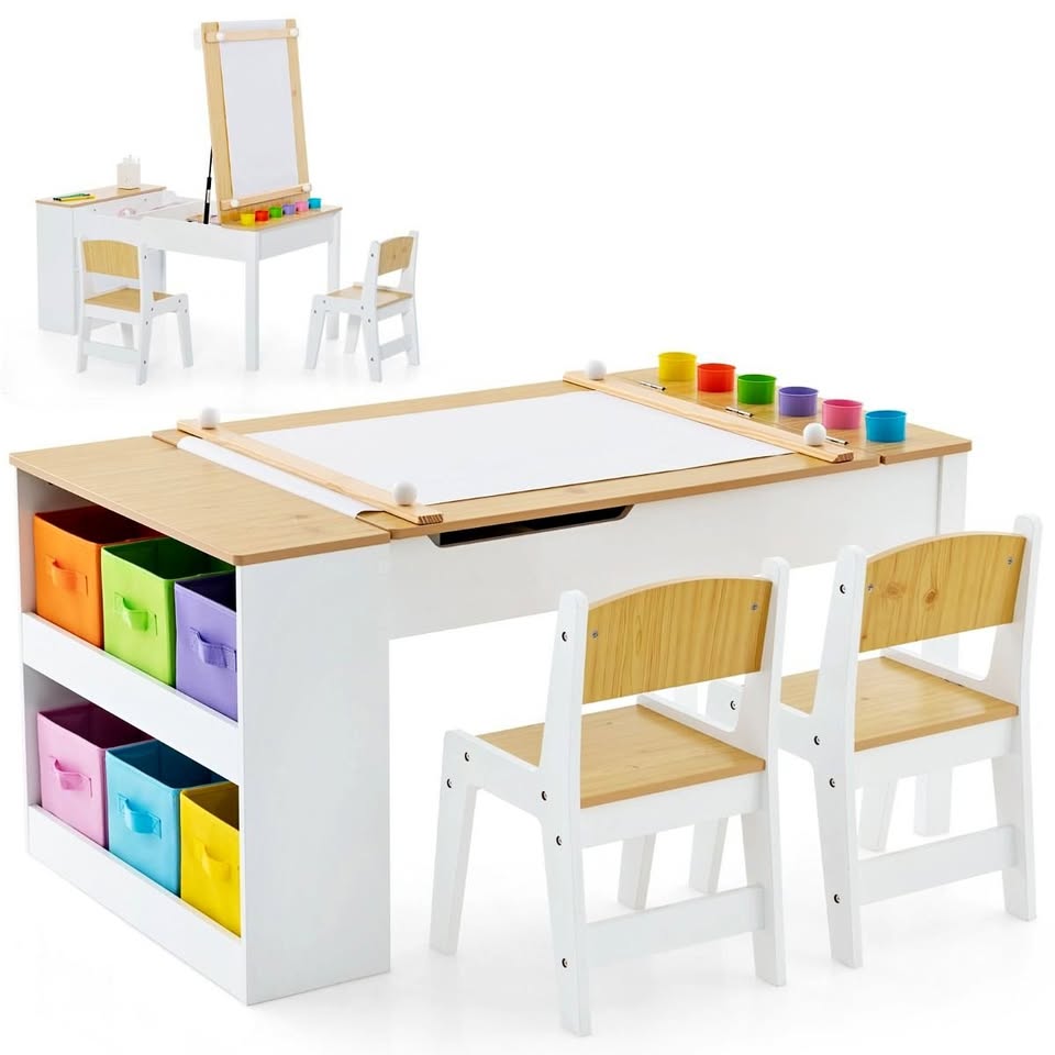 Children Art Activity Table and Chair Set with 6 Canvas Storage Space