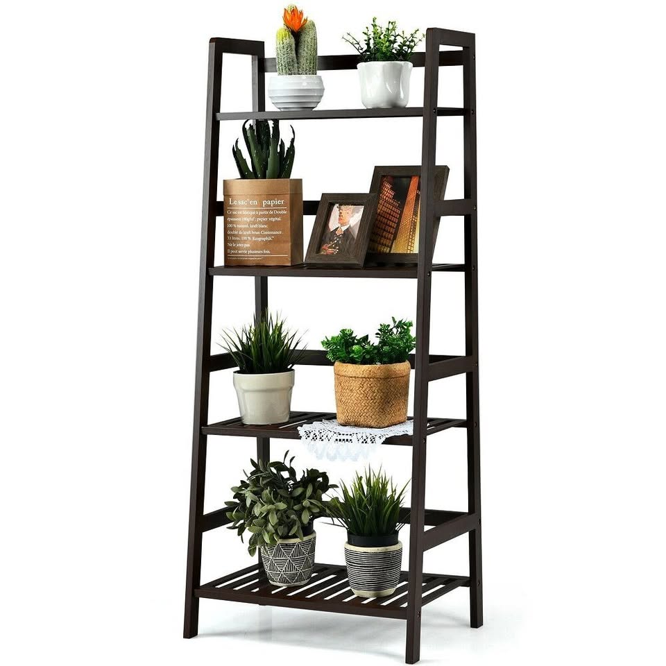 4-Tier Bamboo Ladder Shelf-Brown